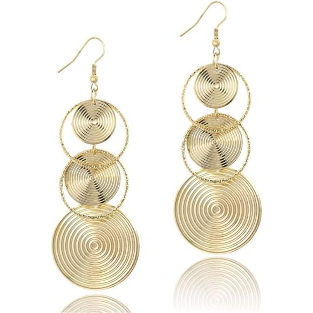 Gold Plated‎ Circle Cut Out Drop Dangle Earrings Statement Chandelier Earrings - Picture 4 of 4
